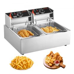 259*Commercial Deep Fryer, Dual Tank 3000W Electric Countertop Fryer with Basket, 2 x 9.1Qt/8.6L Double Stainless Steel Oil Fryer, with Temp Control &
