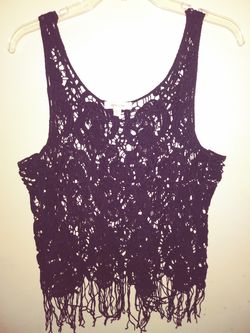 ! paper + tee ! Black Crochet Fringe Strappy Cami Top