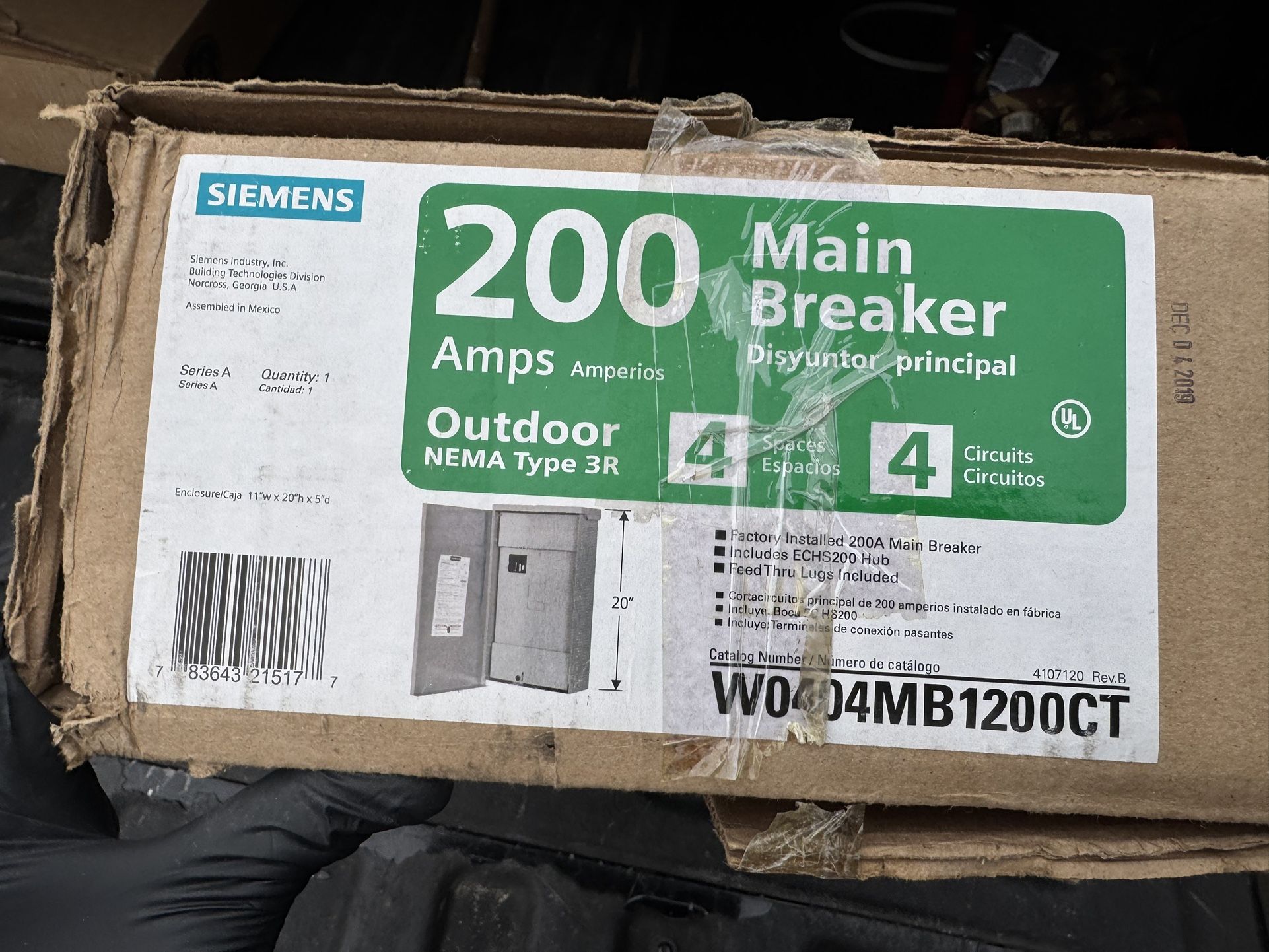 Siemens W0404MB1200CT MB Load Center 1PH 200A 120/240VAC 4Pole Nema 3R 4SP 4CIR