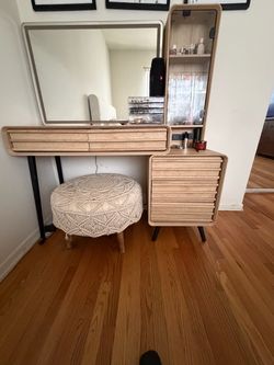 Modern Wood Vanity Desk with Mirror and Tower