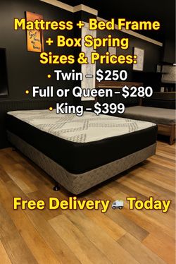 🌟 Queen Mattress, Box Spring, and Rails Frame Set - Delivery Today  And Pay On The Delivery