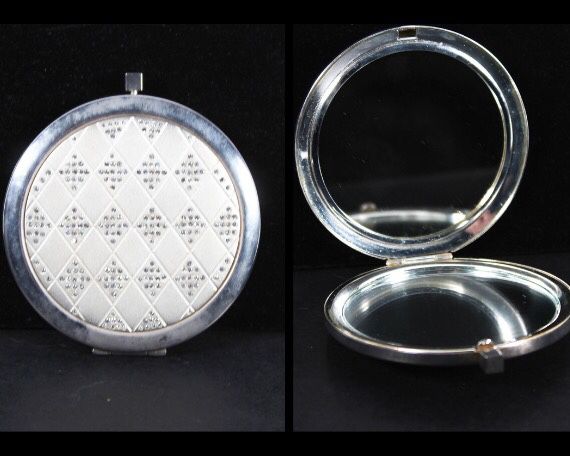 Vintage 1960s Silver Toned Metal Harlequin Matte And Rhinestone Compact Mirror 