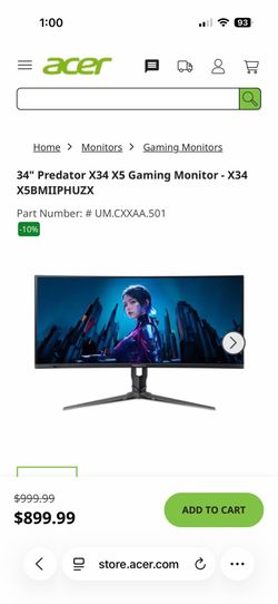 Acer Predator X34 X5 34" QD-OLED Gaming Monitor - 240Hz Ultrawide