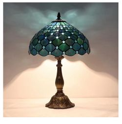 Tiffany Style Table Lamp,Sea Blue Pearl Table Lamp,12X12X19 Inch Tiffany Reading Light, Antique Glass Desk Decor Lamp.