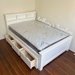 White Full Bed & Bamboo Mattress + Drawers 