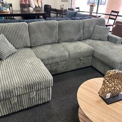 Gray Corduroy Sectional Sleeper Sofa Couch With Storage Chaises