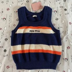 Miu Miu Cropped Halter Knit Womens Navy Tank Top Size L