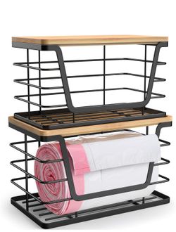 2 Pack Stackable Wire Storage Basket with Bamboo Lid, Stainless Steel Extra Large Trash Bag Dispenser Roll Holder for Kitchen Sink, Laundry, Pantry Or