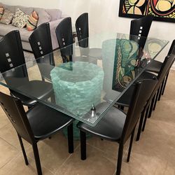 Mid-Century Modernist Stacked Glass Dining Table Two Ice Block Bases - 10 Cattelan Italia Chairs