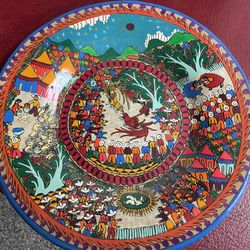 Hand Painted Mexican Folk Art 12.5”W Terracotta Pottery Wall Hanging