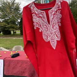 Beautiful Red Indian Woolen Pheran (long Tunic) With Silver Embroidery 