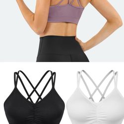 Women Strappy Sports Bra Cross Back Medium Supports Seamless Removable Padded Yoga Bra for Workout Fitness Black color: XS, M, XL/XXL White color: XXL