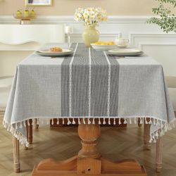 Rustic Tablecloth Cotton Linen Waterproof Tablecloths Table Cloths for Kitchen Dining,Party,Holiday,Christmas,Buffet Grey Lines Rectangle,55''x120'',1