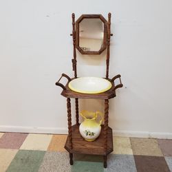 Vintage Oak Washstand With Swivel Mirror - Yellow Wash Bowl And Pitcher