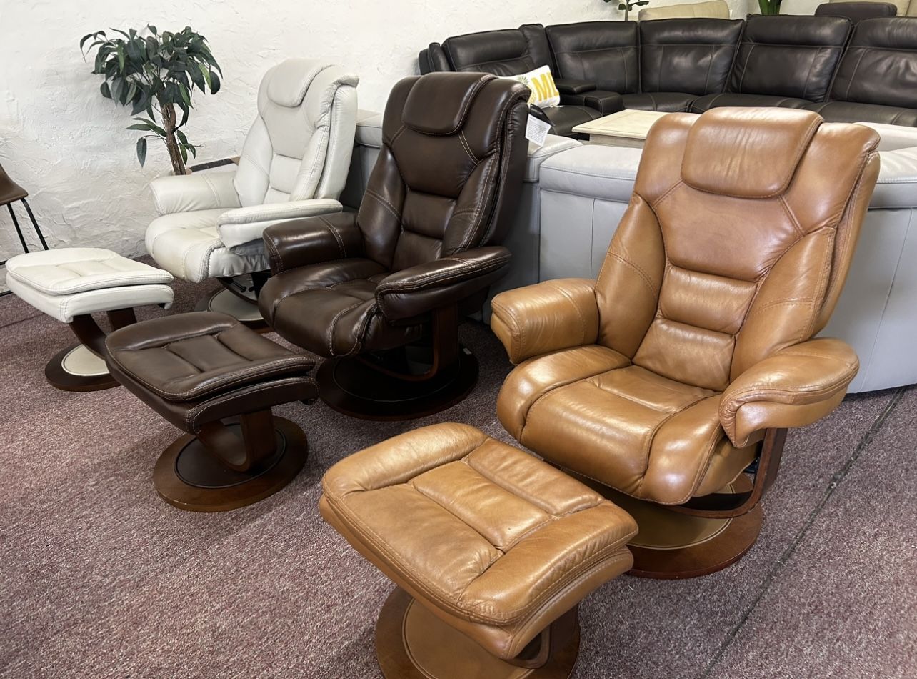 Genuine Leather Swivel- Pushback Reclining Chair And Ottoman- Faringdon