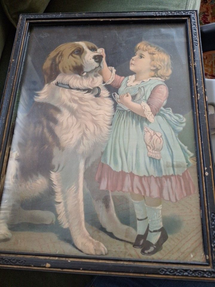 Antique Print Little Girl And Her Dog