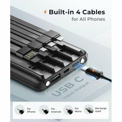 Portable Charger Power Bank 10000mAh with Built-in Cables