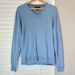 Tommy Hilfiger Mens L Blue Cashmere Pima Cotton V Neck Pullover Sweater Classic