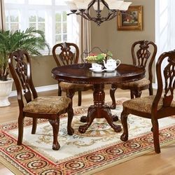VINTAGE 5 PIECE ROUND DINING TABLE SET BROWN CHERRY FINISH | COMEDOR MESA SILLAS