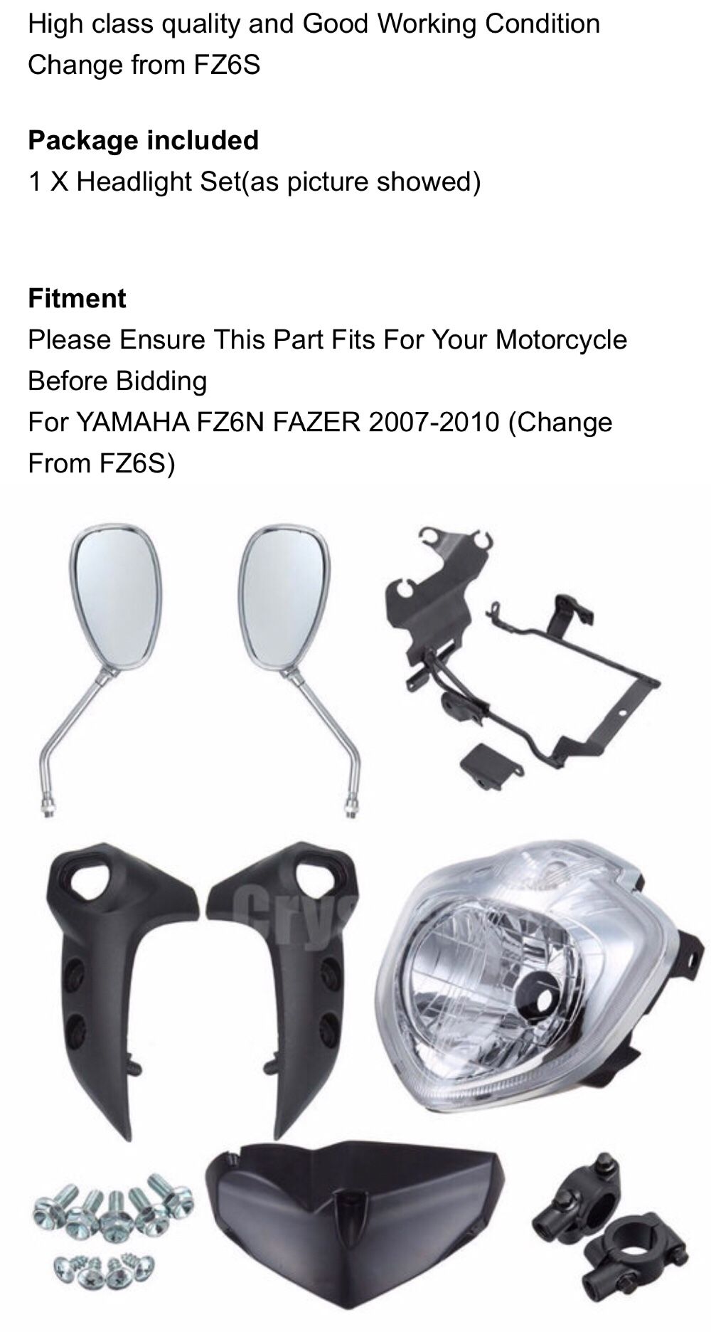 For Yamaha FZ 6N FZ6N FAZER 2007-2010 (Change From FZ6S) Motorcycle Front Headlight Assembly Kit Rearview Side Mirrors Bracket TDZJ1