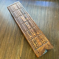 Vtg Large Handmade Wood Cribbage Game Board Folk Art Brutalist Wooden 21" Footed
