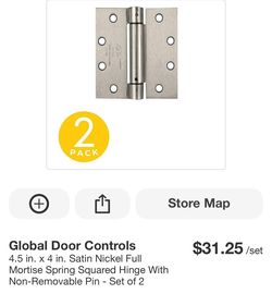 Global Door Controls 4.5 in. x 4 in. Satin Nickel Full Mortise Spring Squared Hinge With Non-Removable Pin - Set of 2