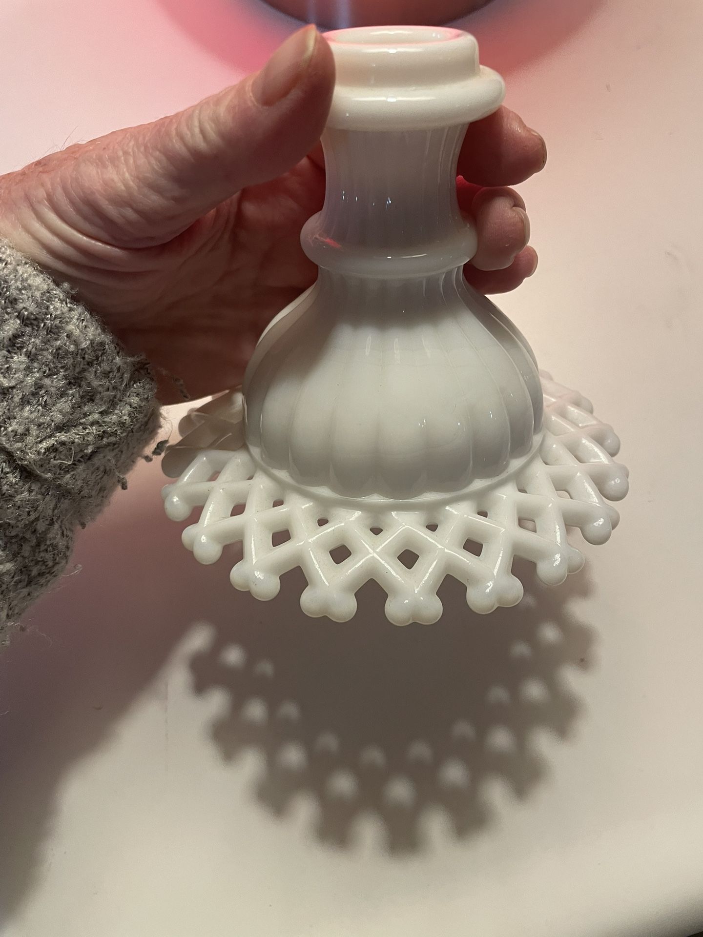 WESTMORELAND MILK GLASS LATTICE EDGE PATTERN #1890. SINGLE LIGHT CANDLESTICK