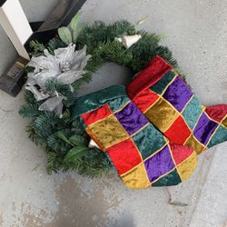 Christmas Wreath And Two Nice Stockings