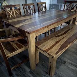 Large Wood Dining Table, Fits 8: 2 Captain Chairs + 3 Dining Chairs + Bench