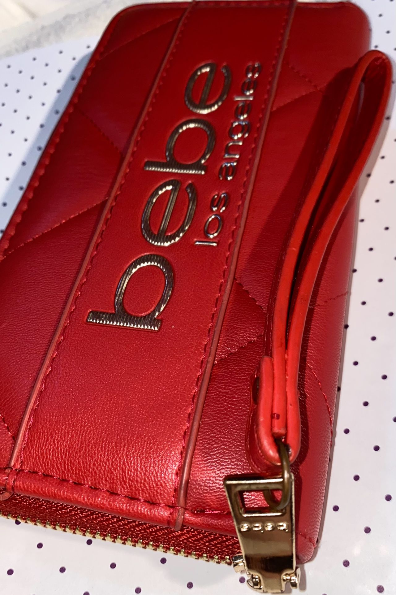 BEBE Vivian Quilted Double Zipper Wristlet  Wallet , Red Logo