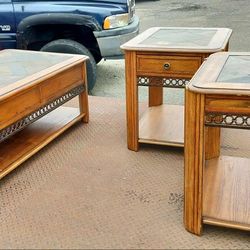 3 pieces bedroom/living room table set. Wooden, brass, and stone.