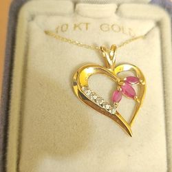10K Gold Spinel And Diamond Heart Pendant Link Chain Necklace 