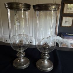 Extra Large Glass and Silver Hurricane Candle Holders/Vases 