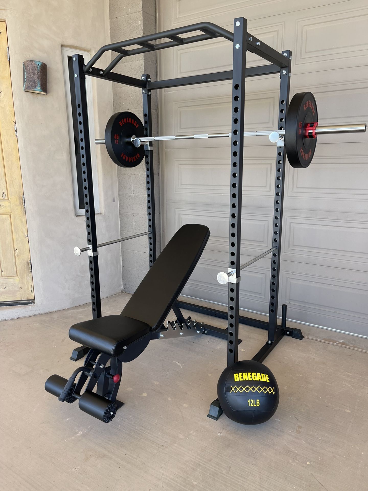 New Renegade Squat Cage, FID Bench, Olympic Barbell, 230 Pound Bumper Plate Set And Wall Balls Free Delivery π