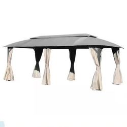 New in box 10 ft. x 20 ft. Outdoor Gazebo with Double Roofs, Mosquito Nettings, Heavy-Duty Metal Frame Party Tent Canopy, Grey