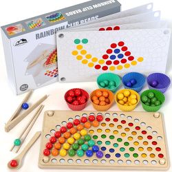 Toddler wooden Learning Montessori toys – wooden peg board bead game baby rainbow stacking matching counting color sorting games for fine motor