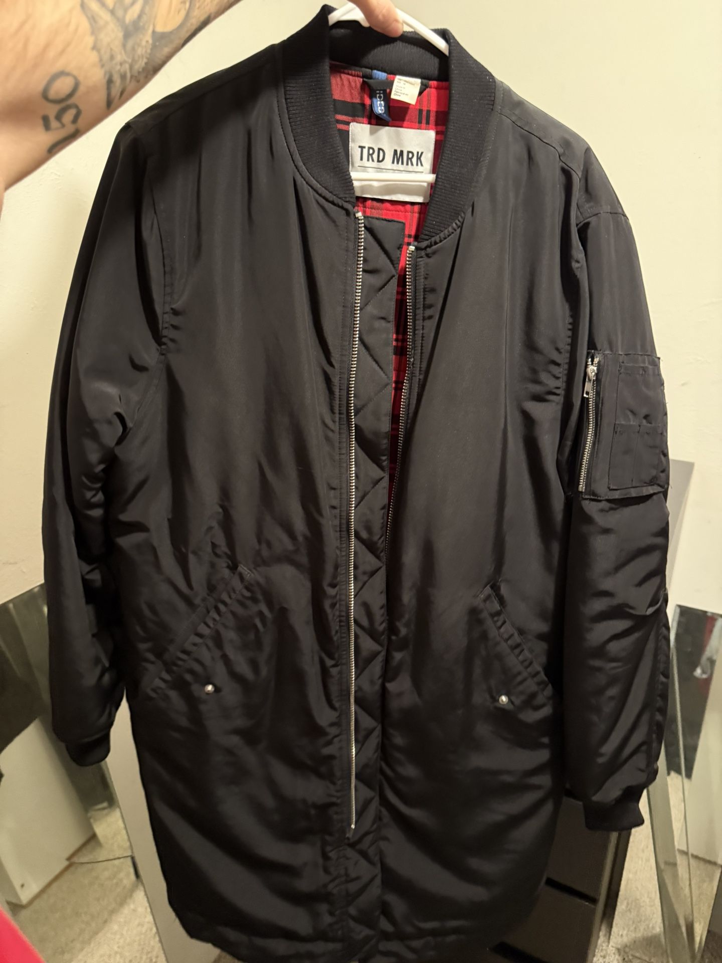 Men’s Long Bomber Jacket Coat Black M