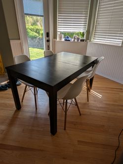 IKEA table, expandable, espresso brown, and chairs