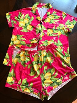 Women L Hot Pink Lemon Print Pajama Set Short Sleeve Notch Collar Shorts 2 Piece