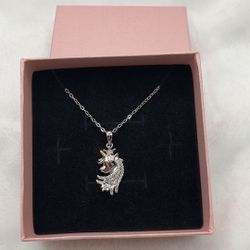 S925 Sterling Silver Unicorn Necklace With Cubic Zirconia Heart Pendant