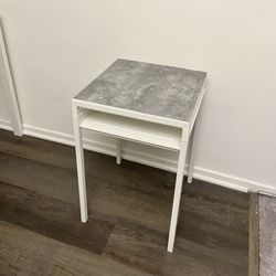 White IKEA Nyboda SideTable w reversible white and concrete-effect top (light-grey color patterned)