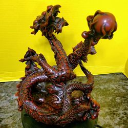 Vintage Oriental Red Cast Resin Large Dragon Luck Coin Statue 14"
