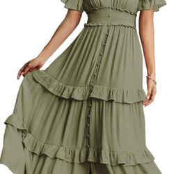 Amegoya V Neck Ling Sleeve Boho Flowy Maxi Summer Dress - Size: Large