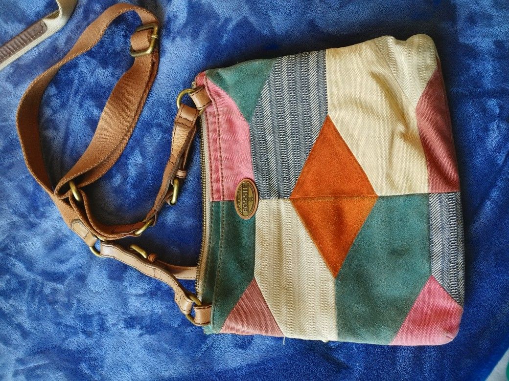 Patchwork Leather & Linen Fossil Messenger Purse