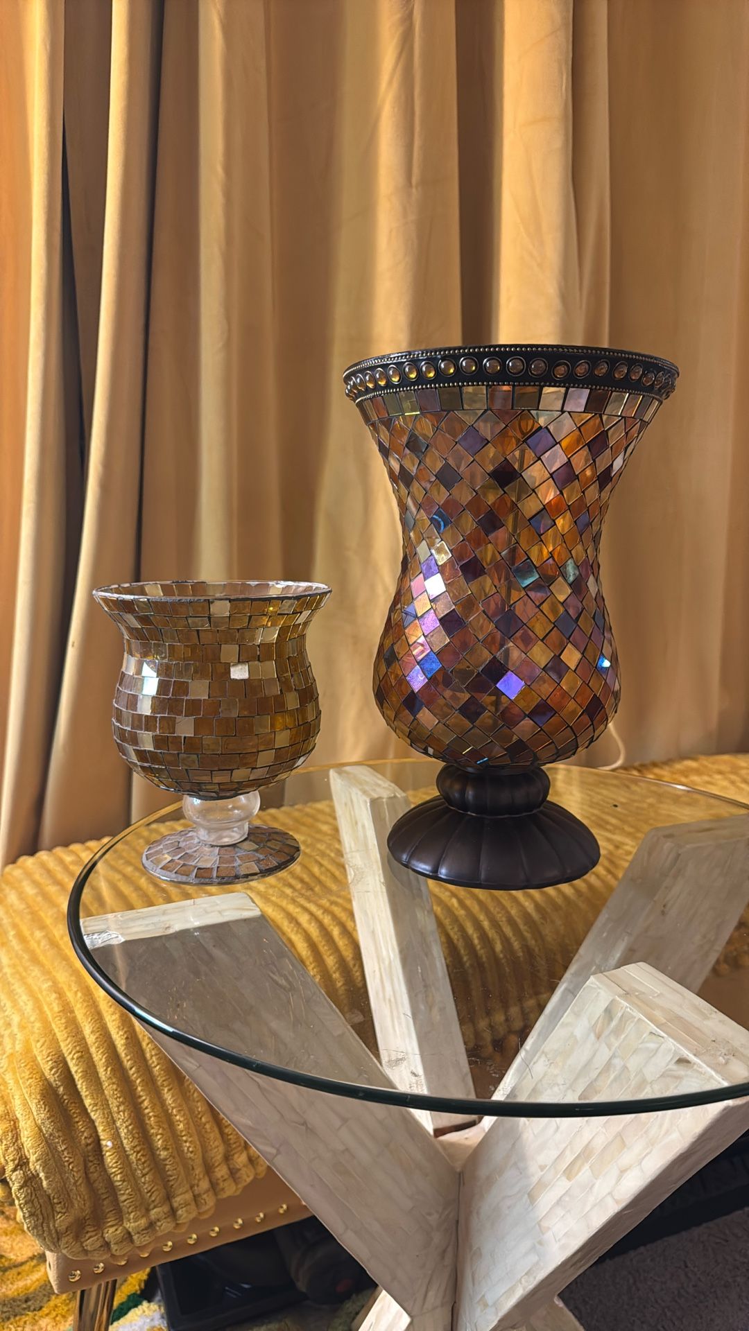 Party Lite Hurricane Mosaic Stained Glass Goblet Candle Holders Orange & Yellow