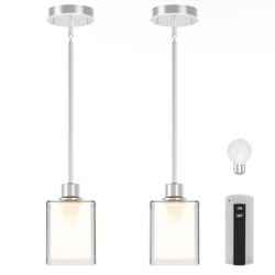 Set of 2 Pendant Lights Height Adjuatable Rod Clear Dual Glass 3 Color Temperatures Bulb & Remote Control