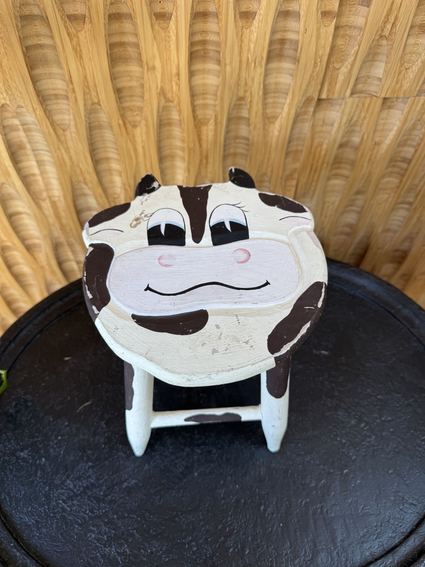 Vintage Small Cow Handpainted Childs Kids Stool Farmhouse Nursery Cottage Distressed Baby Room