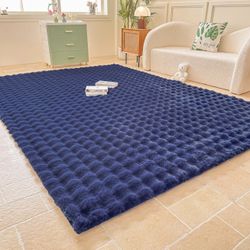 6x9 Ft Navy Blue Rabbit Plush Area Rug, Faux Fur Fluffy Shaggy Rectangular Square Rug