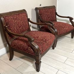 Set of 2 Classic Wood Armchairs – Antique Style, Red Damask Upholstery