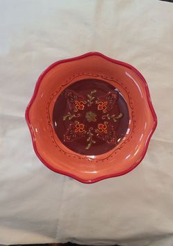 Mediteranian Pattern Serving Bowl. Beautiful Hand-Painted Designer Bowl by Ganz Bella Casa. Rich shades of deep orange, red, and green. Approx 8.3". N